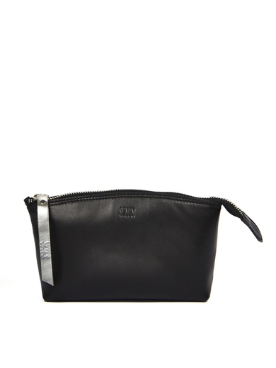 Black smooth genuine leather makeup bag Luna